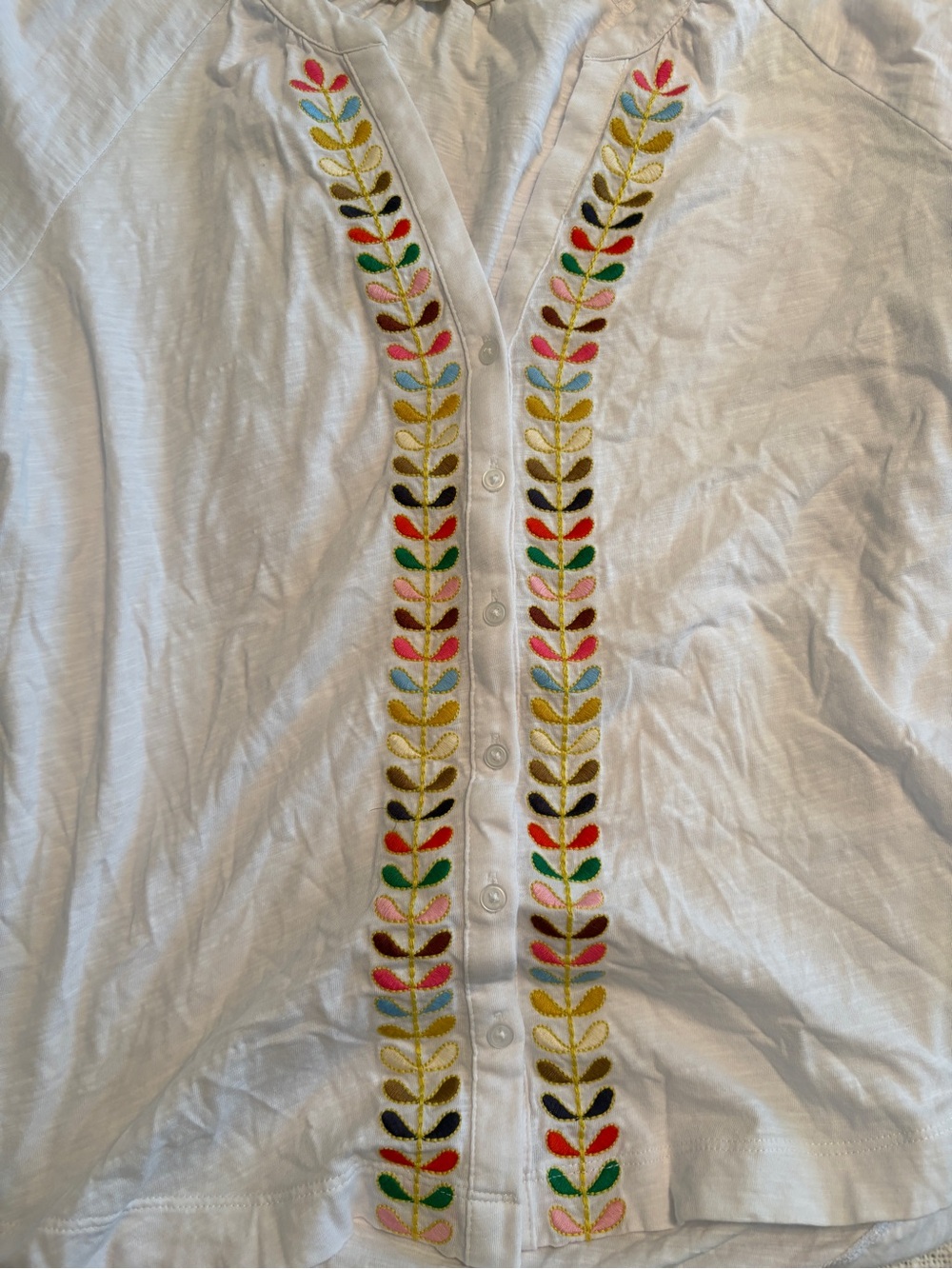 Boden Women’s White V-Neck Top with Multicolor Leaf Embroidery US size 10 - Picture 3 of 6